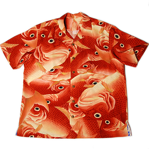 岡重の赤い鯛尽くし、壷金春江縮緬のアロハシャツ for Men's